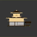 Cartoon Scene Of Traditional Japanese Two Story Pavilion With Golden Roof Wooden Structure And Lit Windows