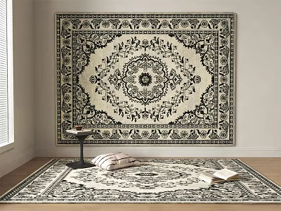 Traditional Black and White Square Rug with Intricate Floral Pattern for Living Room Decor 3d model