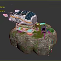 Futuristic Floating Island 3D Model With Airship Green Grass And Small Figure