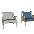 Modern Single Seater Sofa With Wooden Frame Rattan Weave Beige Blue Linen Cushions