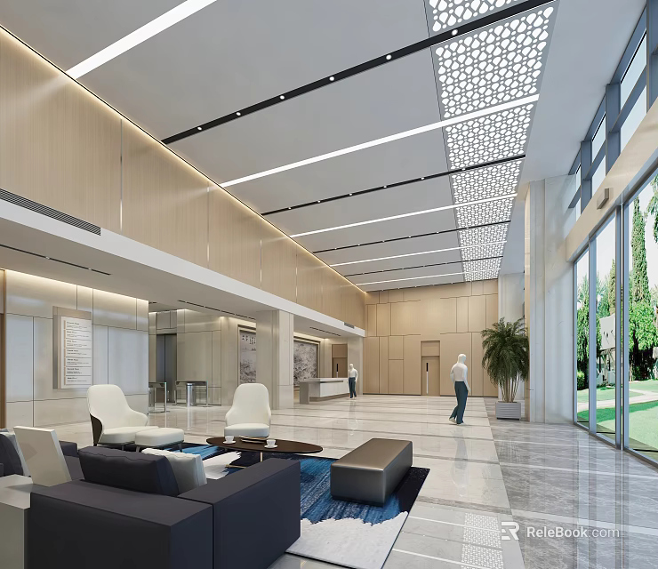 Modern Office Lobby Reception Area With Sofa Coffee Table And Large Windows 3d model