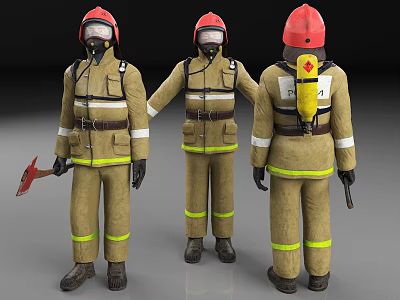 Men in Firefighter Uniforms with Red Helmets Yellow Reflective Stripes and Equipment Axe Oxygen Tank 3d model