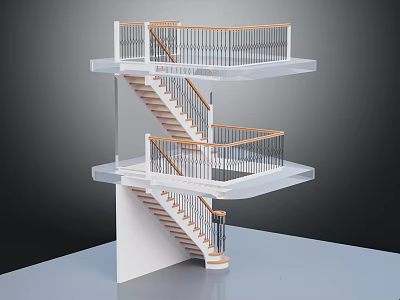 Modern Staircase Model With Transparent Platforms Wooden Steps And Metal Railings 3d model