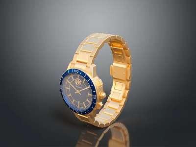 Gold Wrist Watch With Blue Dial And Metal Strap Design For Daily Use 3d model