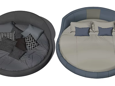 Modern Round Bed Interior Design With Gray Toned Pillows Patterned Accents And Soft Mattress 3d model