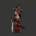 Man Dressed As Pirate With Feather Hat Red Coat And Black Pants Standing