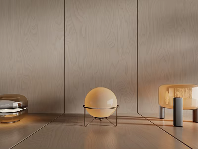 Golden Spherical Table Lamp With Metal Stand On Wooden Background 3d model