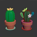 Two Green Cacti in Orange Pots with Yellow Flowers as Decorative Plants