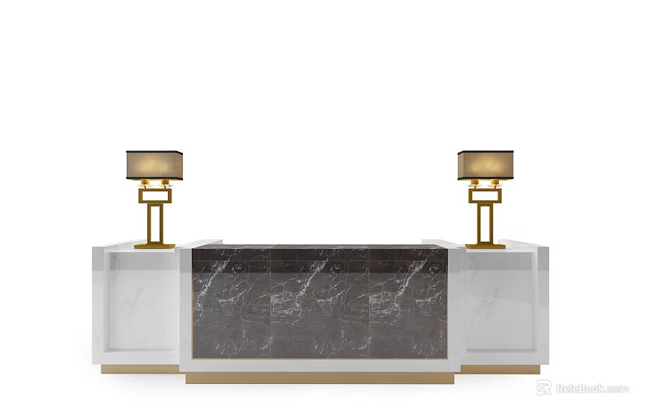 Modern Reception Desk With Gray And White Marble Surface And Golden Base Table Lamps 3d model 