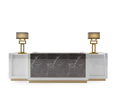 Modern Reception Desk With Gray And White Marble Surface And Golden Base Table Lamps 3d model