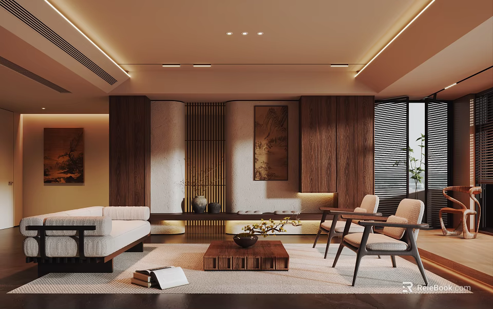 Modern Chinese Living Room With Wooden Sofa Coffee Table And Decorative Paintings 3d model 