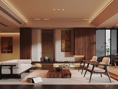 Modern Chinese Living Room With Wooden Sofa Coffee Table And Decorative Paintings 3d model