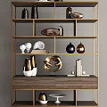Modern Display Shelf With Wooden And Metal Frame Holding Decorative Vases Sculptures And Shells
