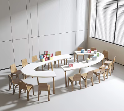 Curved White Children's Table With Wooden Chairs And Colorful Blocks For Kids Learning And Playing 3d model