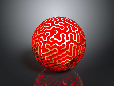 Red Sphere With White Intricate Patterns On Black Background And Glossy Reflection 3d model