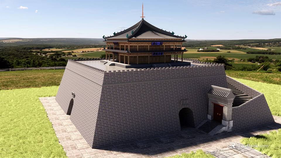 Ancient Chinese Architectural Structure With Gray Brick Wall Multi tiered Roof And Green Fields 3d model 