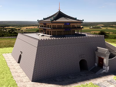 Ancient Chinese Architectural Structure With Gray Brick Wall Multi tiered Roof And Green Fields 3d model
