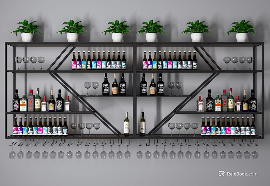 Modern Wine Cabinet With Layered Shelves Bottles Wine Glasses And Potted Plants 3d model 