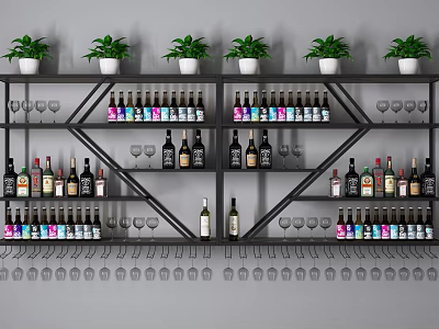 Modern Wine Cabinet With Layered Shelves Bottles Wine Glasses And Potted Plants 3d model