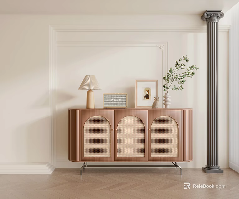 Modern Entryway Sideboard Cabinet With Woven Doors Metal Legs Table Lamp Photo Frame And Plant 3d model 