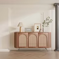 Modern Entryway Sideboard Cabinet With Woven Doors Metal Legs Table Lamp Photo Frame And Plant