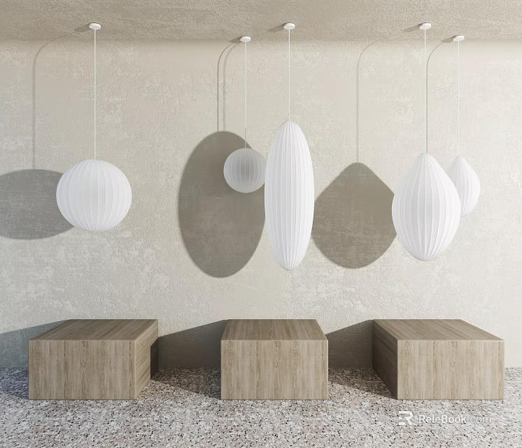 Modern White Pendant Lights With Various Shapes Hanging Over Wooden Cubes On Light Wall Background 3d model 