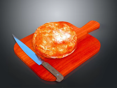 Golden Freshly Baked Artisan Bread On Wooden Cutting Board With Knife 3d model
