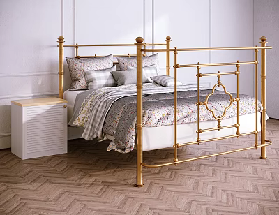 Elegant Double Bed With Gold Metal Frame White Nightstand And Patterned Bedding 3d model