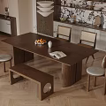 Cozy Modern Dining Room With Wooden Table Upholstered Chairs Bench Fruit Bowl And Cabinets