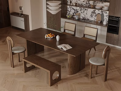 Cozy Modern Dining Room With Wooden Table Upholstered Chairs Bench Fruit Bowl And Cabinets 3d model