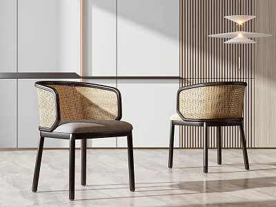 Modern Dining Chairs with Rattan Backrest Leather Seat and Dark Wooden Legs in Minimalist Interior 3d model