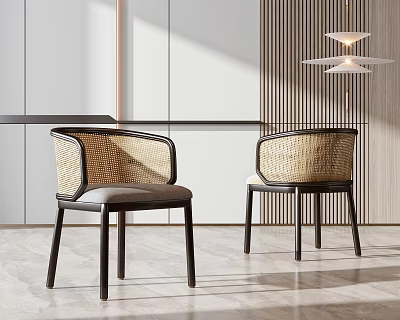 Modern Dining Chairs with Rattan Backrest Leather Seat and Dark Wooden Legs in Minimalist Interior 3d model