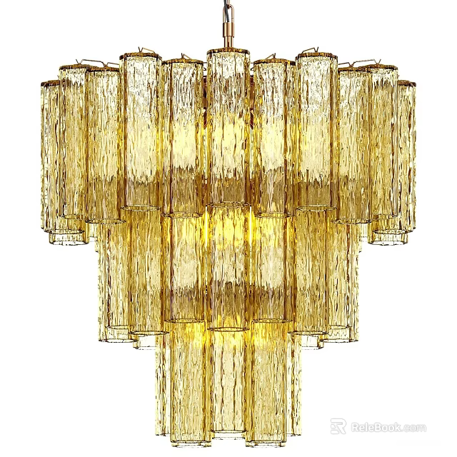 Elegant Golden Textured Glass Chandelier With Layered Vertical Design And Warm Light 3d model 
