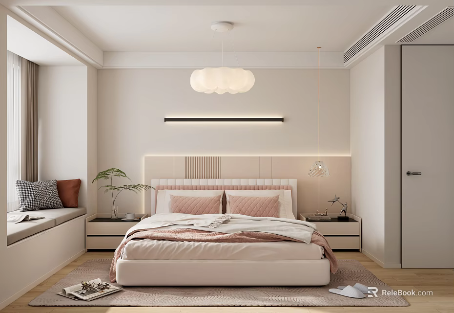 Modern Bedroom Interior Design With Upholstered Headboard Pendant Light And Window Seat 3d model 