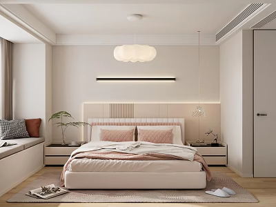 Modern Bedroom Interior Design With Upholstered Headboard Pendant Light And Window Seat 3d model