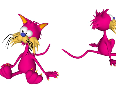 Pink Cartoon Game Movie Character With Orange Ears Blue Eyes Yellow Whiskers And Sitting Poses 3d model