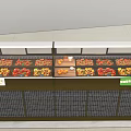 Retail Display Shelves With Glass Doors And Fresh Fruits On Tiled Wall Background