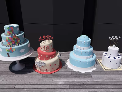 Assorted Decorated Cakes With Balloons Number 16 Stars And Colorful Designs 3d model