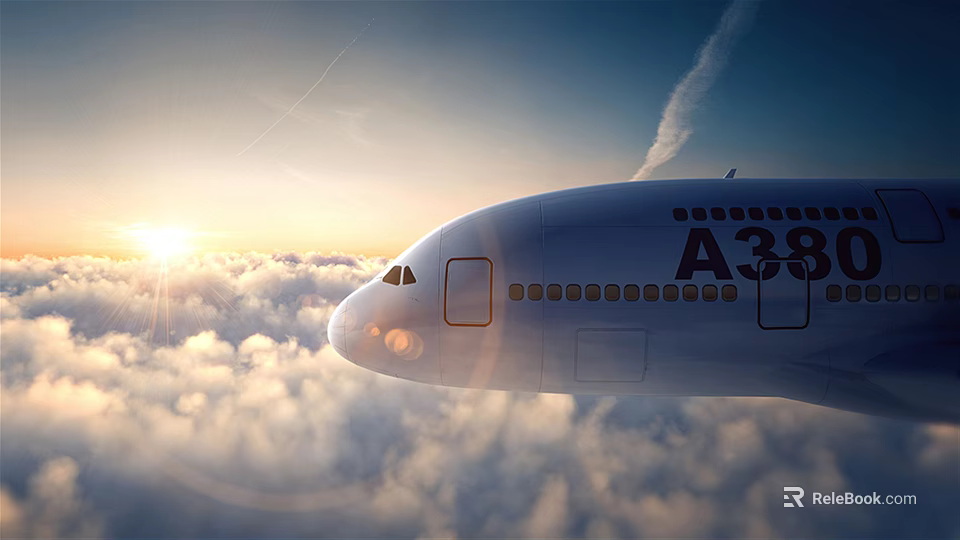 A380 Passenger Airplane Flying High Above Clouds During Sunrise With Sunlight 3d model 