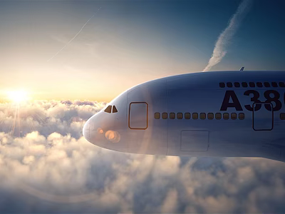 A380 Passenger Airplane Flying High Above Clouds During Sunrise With Sunlight 3d model