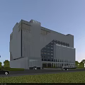 Aerial Planning of Modern Building with Metal Facade Lawn and Vehicles