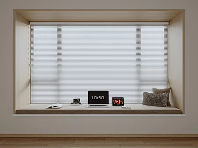 Interior Window With Blinds And Window Sill Featuring Laptop Clock Books Photo Frame And Pillow 3d model