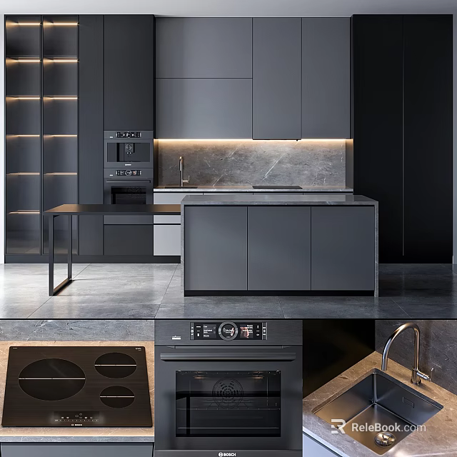 Modern Kitchen Interior With Dark Gray Cabinets And Built In Appliances 3d model 