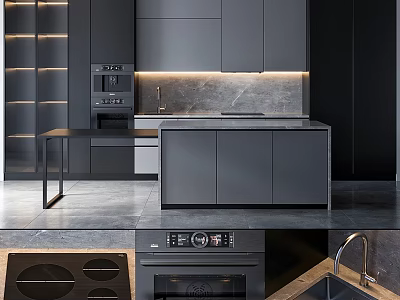 Modern Kitchen Interior With Dark Gray Cabinets And Built In Appliances 3d model