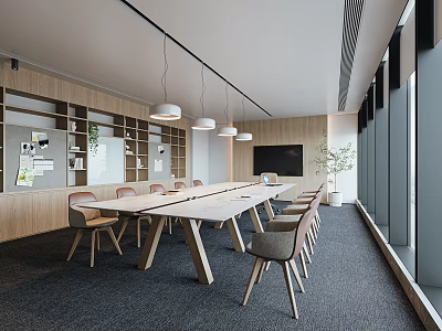 Modern Conference Room Interior With Long Wooden Table Comfortable Chairs Pendant Lights And Large Windows 3d model