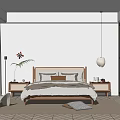 Minimalist Bedroom Interior Design With Wooden Bed Circular Wall Decor And Pendant Light
