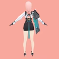 Woman with pink hair wearing glasses white shirt black skirt and mechanical device on shoulder