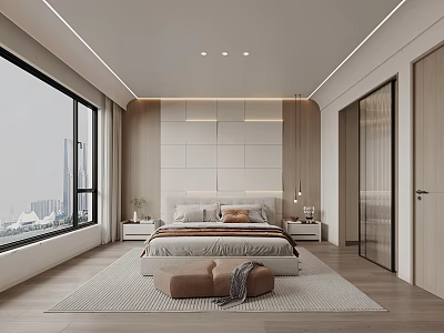 Modern Bedroom With Large Window City View Wooden White Headboard Wall And Recessed Lighting 3d model