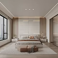 Modern Bedroom With Large Window City View Wooden White Headboard Wall And Recessed Lighting