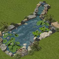 Natural Garden Water Fountain with Lily Pads Rocks and Green Lawn